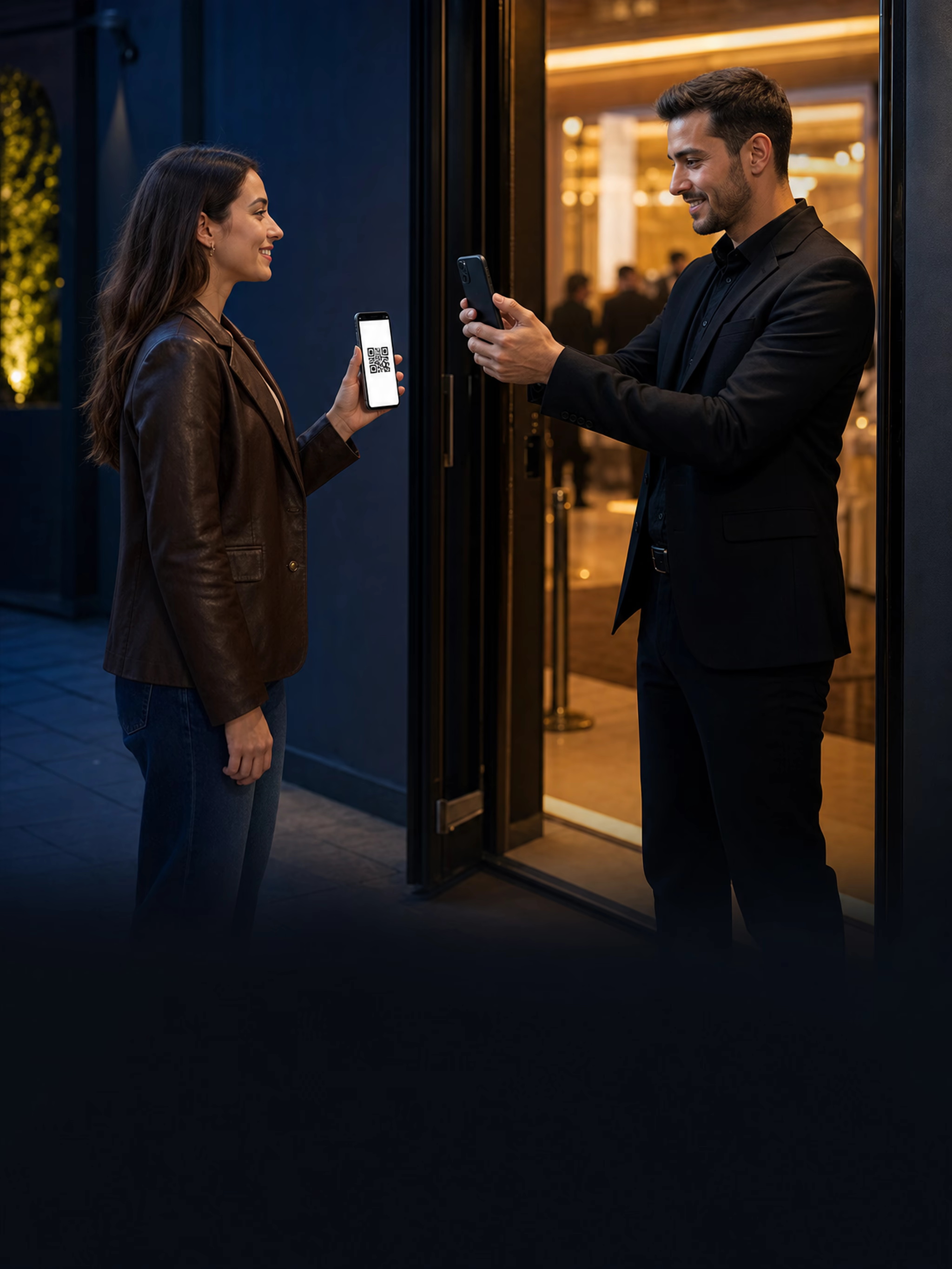 Visitante mostra o QR no celular enquanto o anfitrião escaneia na entrada